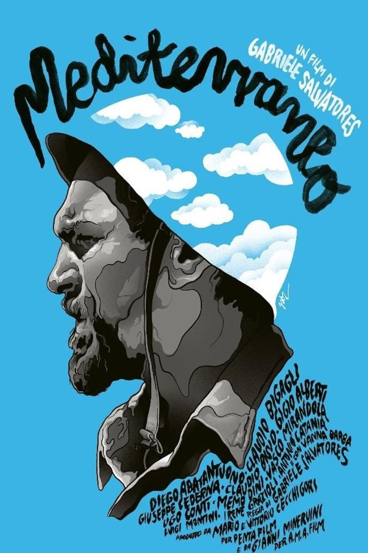 Das stilisierte Filmplakat für „Mediterraneo“ zeigt ein Porträt vor blauem Himmel mit Wolken.