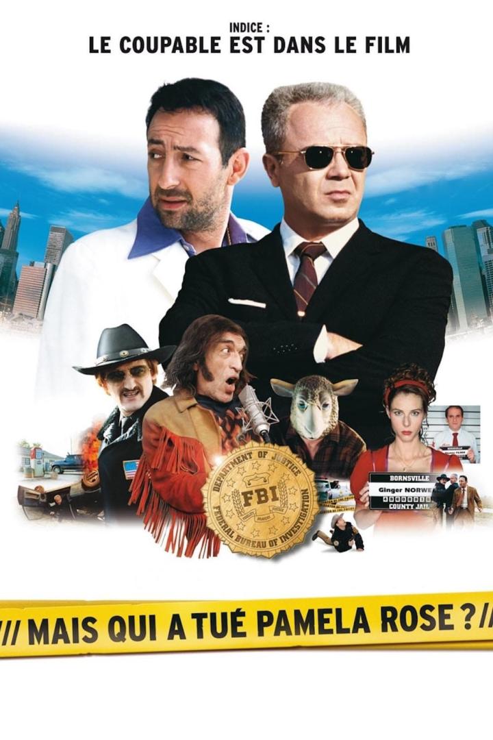 Das Filmplakat zu „Mais qui a tué Pamela Rose?“ zeigt eine Collage von Charakteren vor einer Skyline.
