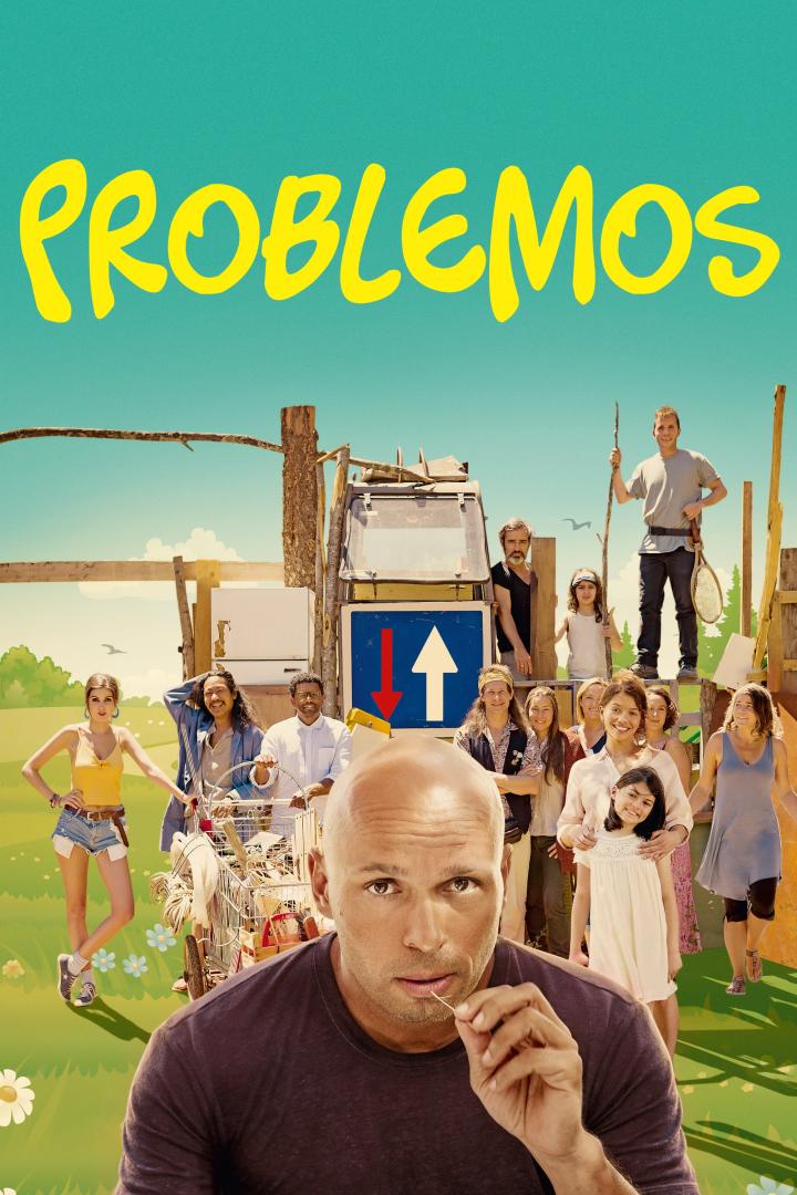 Das Filmplakat für „Problemos“ zeigt eine Gruppe von Menschen vor einem skurrilen Hintergrund.