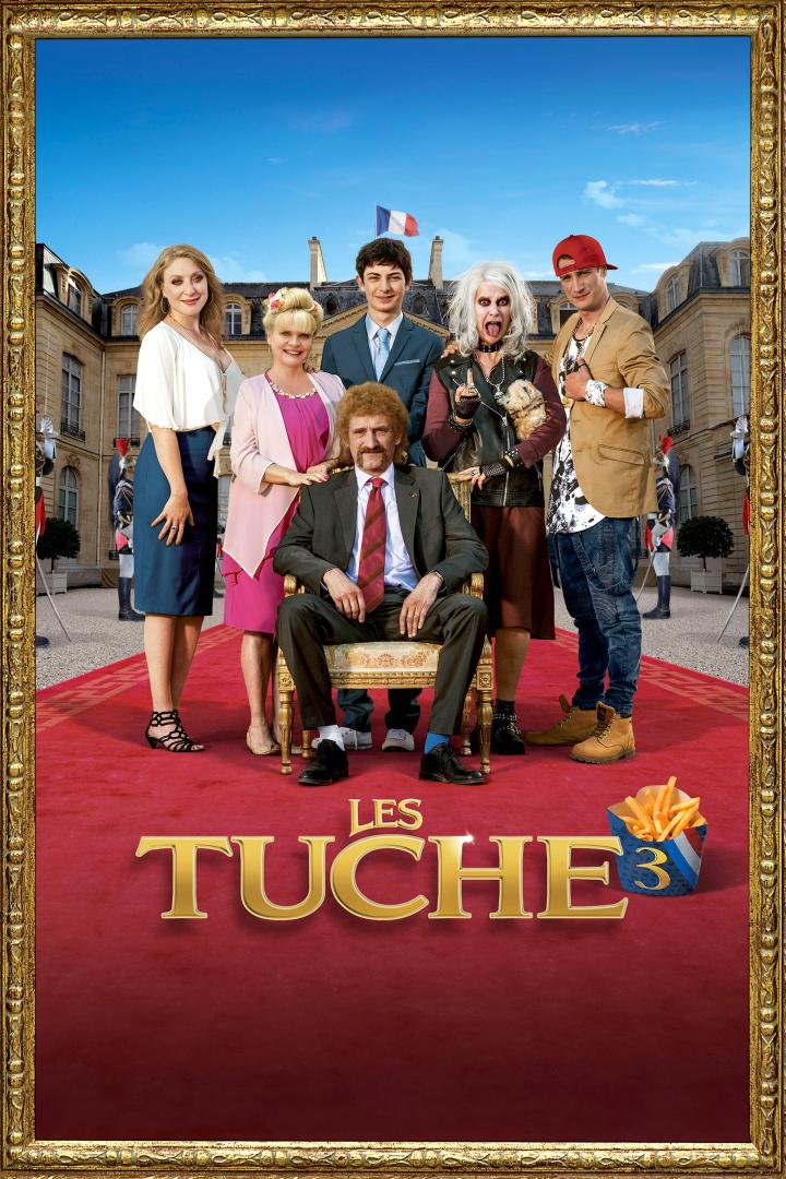 Das Filmplakat zu „Les Tuche 3“ zeigt die Familie vor dem Élysée-Palast.