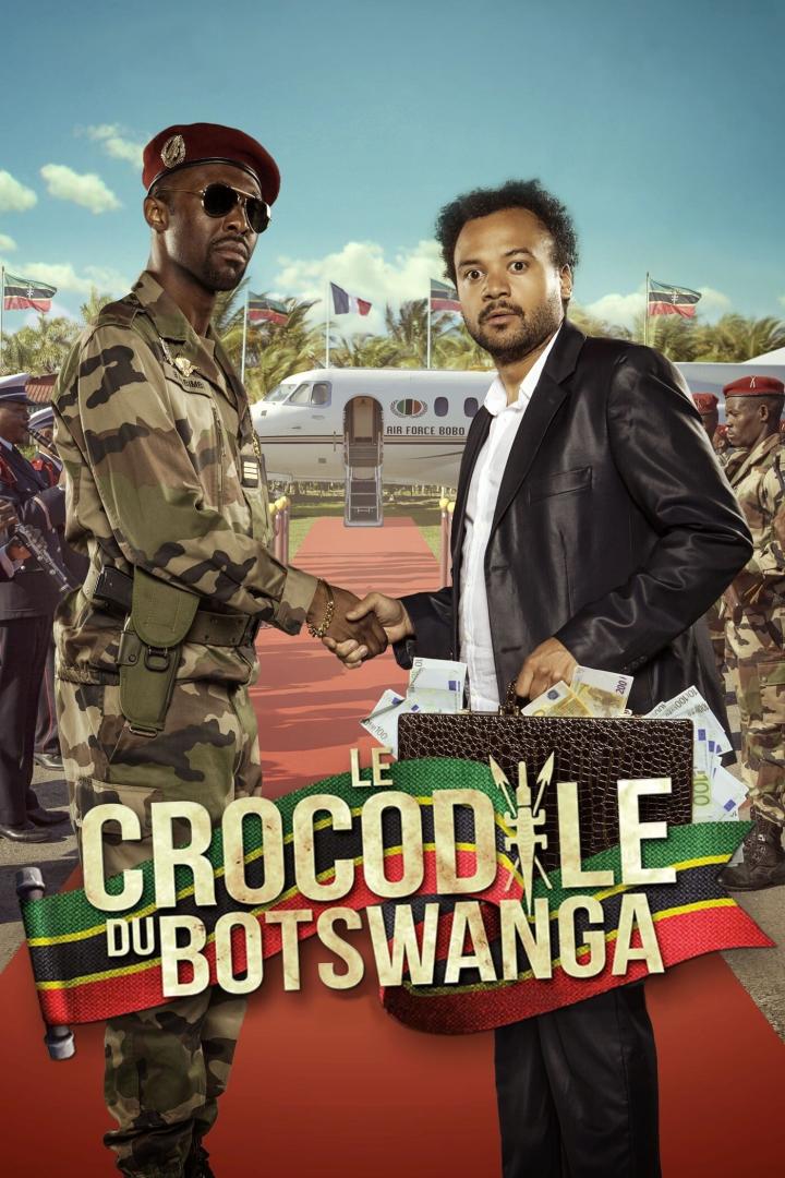 Ein Soldat und ein Mann im Anzug schütteln sich die Hände vor dem Hintergrund des Films „Le crocodile du Botswana“.