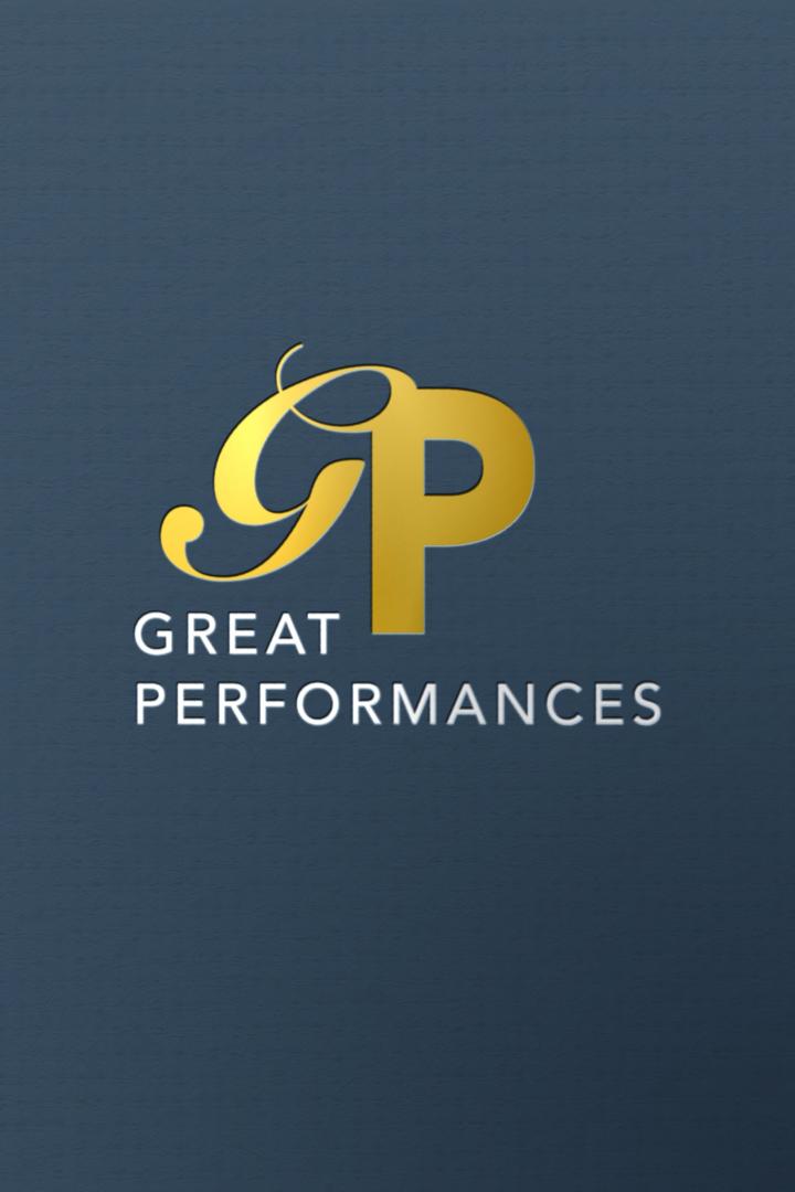 Das Logo der Fernsehsendung „Great Performances“ auf blauem Hintergrund.