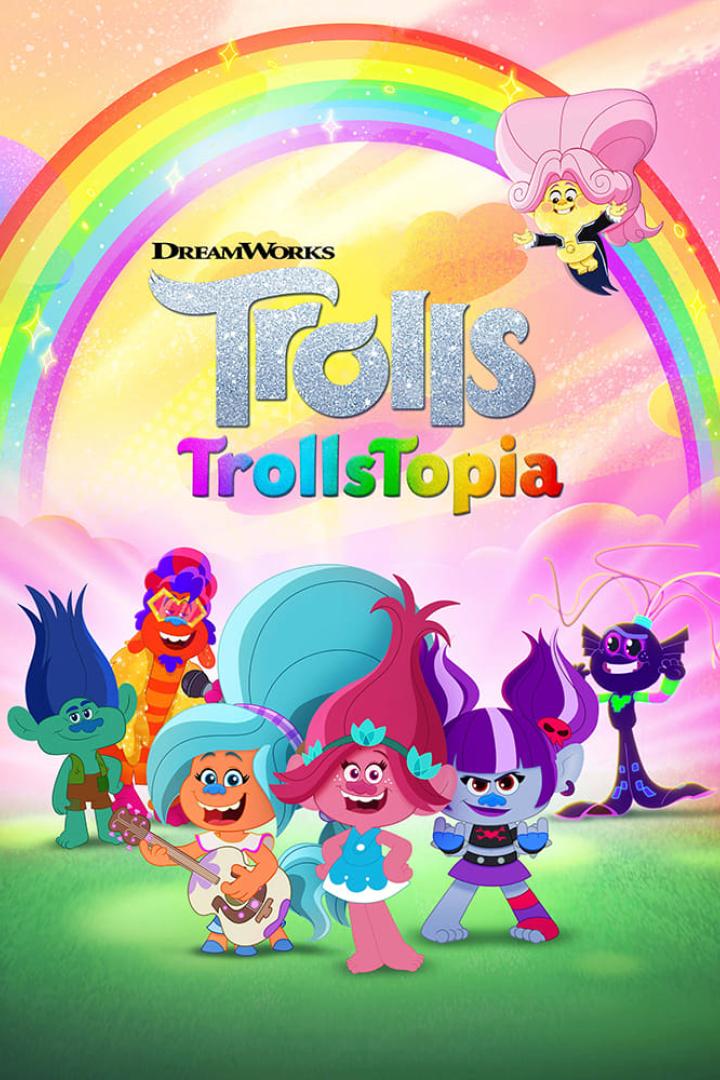 Das Filmplakat für „Trolls TrollsTopia“ mit verschiedenen Troll-Charakteren vor einem Regenbogen.