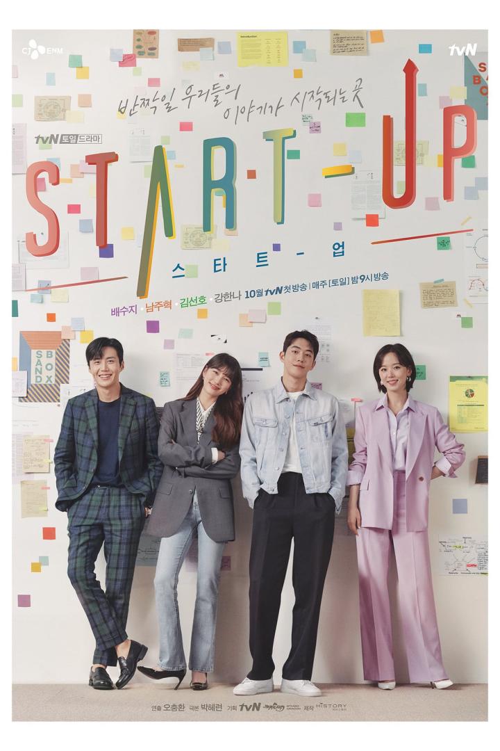 Das Poster für die koreanische TV-Serie „Start-Up“ mit vier Hauptdarstellern vor einer Wand voller Notizen.