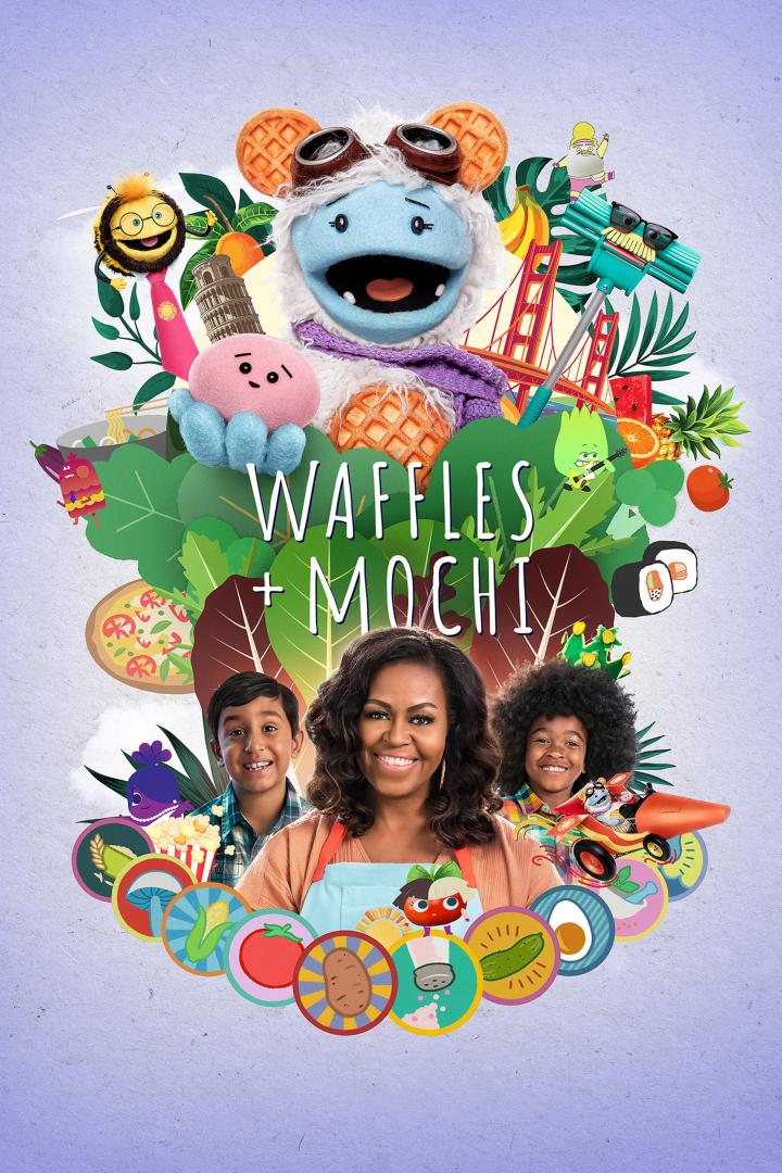 Das Poster für „Waffles + Mochi“ zeigt Michelle Obama mit zwei Kindern und den Puppen Waffel und Mochi, umgeben von Lebensmitteln.