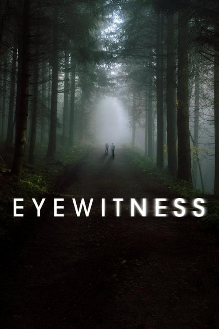 Zwei Personen gehen einen nebligen Weg entlang, gesäumt von hohen Bäumen. Im Vordergrund steht der Titel „Eyewitness“.