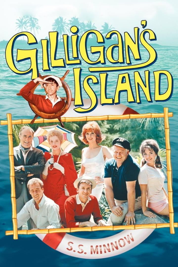 Das Ensemble der Fernsehserie „Gilligan’s Island“ vor tropischer Kulisse.