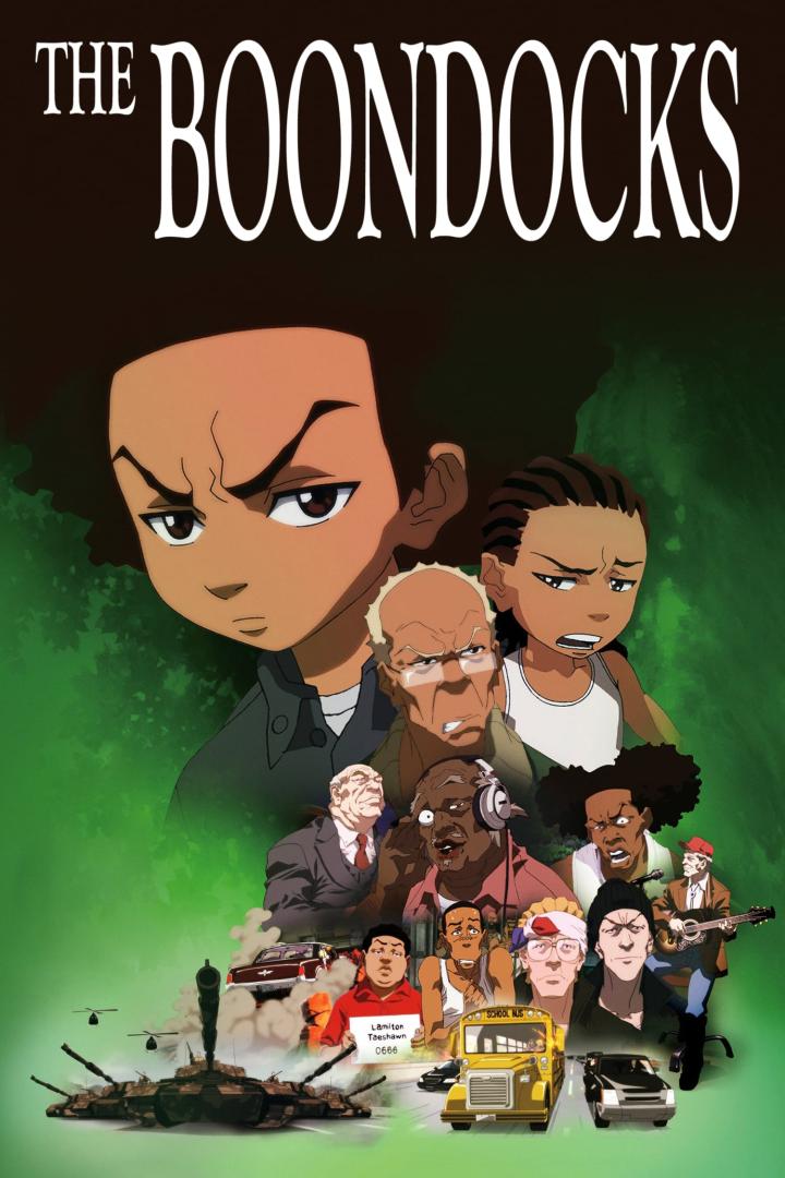 Das animierte Poster für „The Boondocks“ zeigt die Hauptfiguren vor einem grünen Hintergrund.