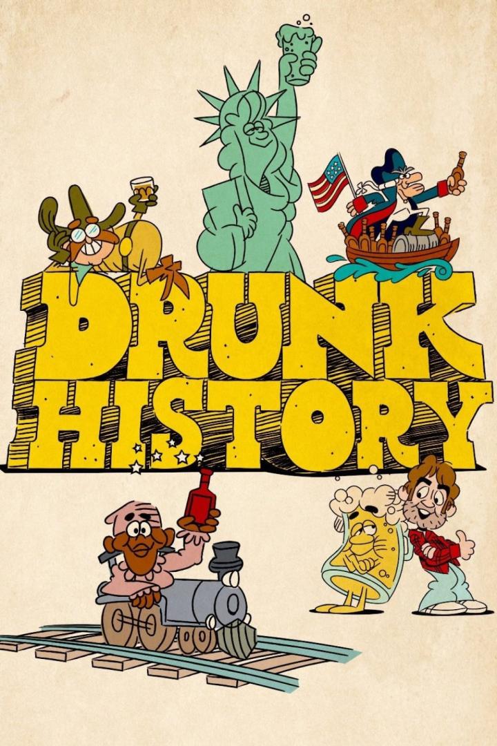 Cartoon-Darstellung verschiedener historischer Figuren mit Bier vor dem Schriftzug „Drunk History“.