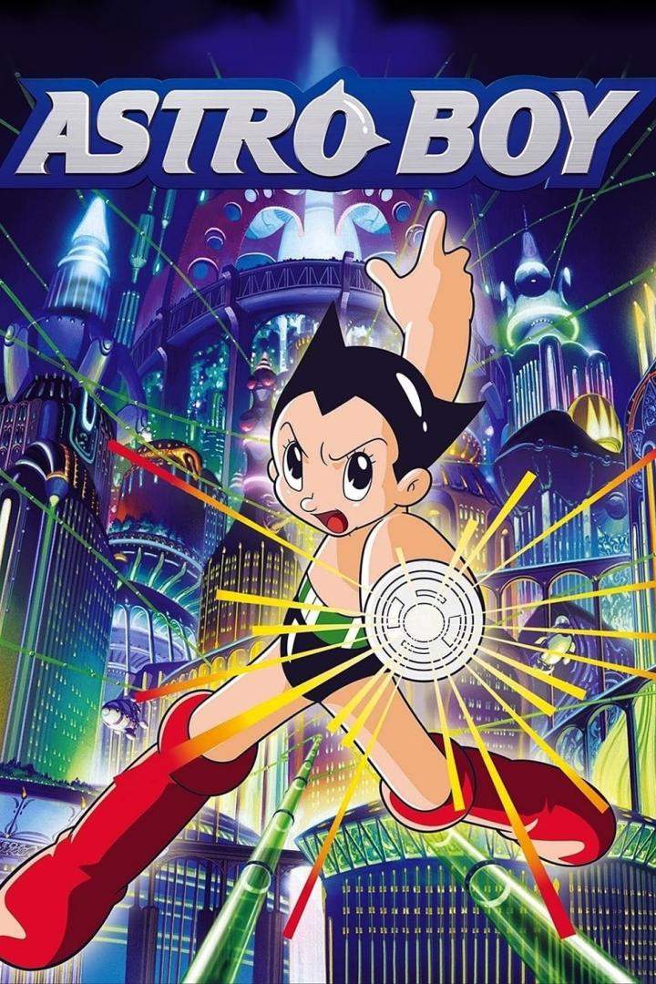 Astro Boy steht vor einer futuristischen Stadt und scheint seine Kräfte einzusetzen.