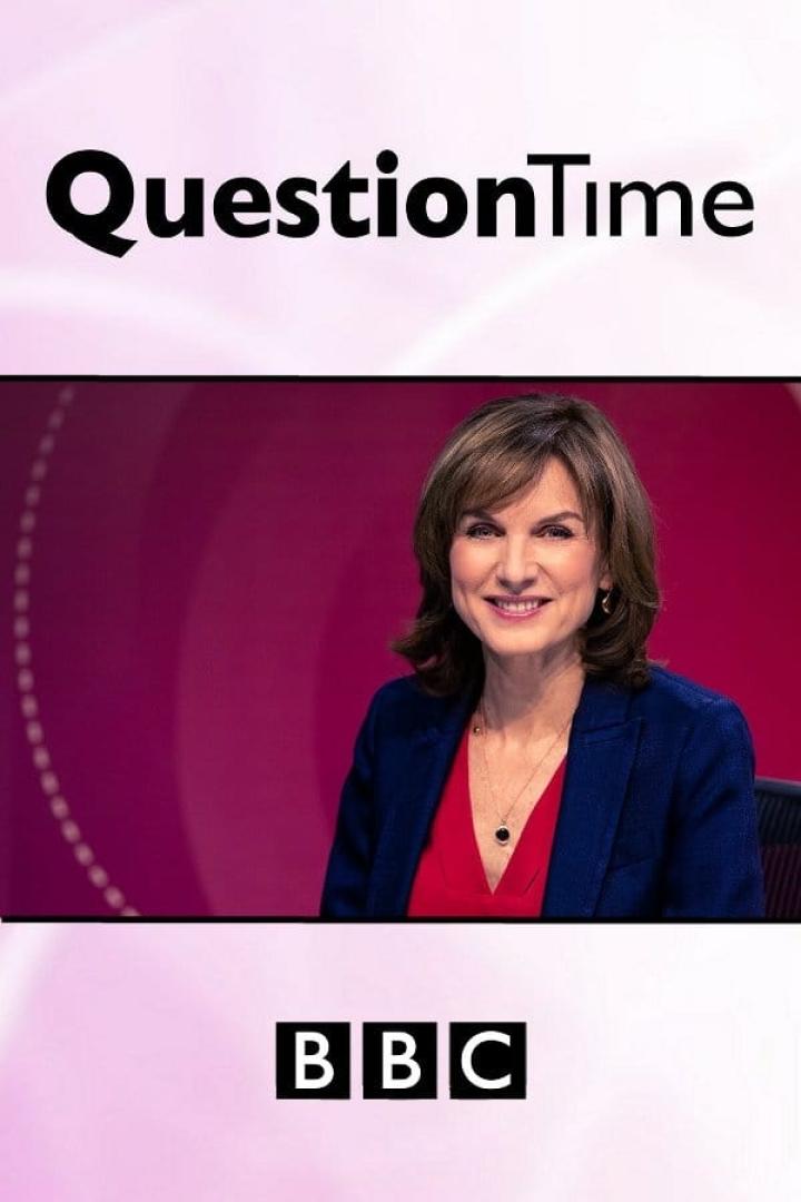 Das Logo der Sendung „Question Time“ mit der Moderatorin im Hintergrund.