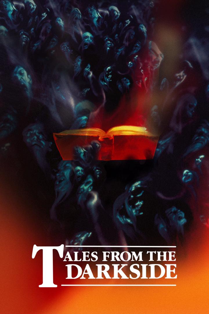 Das Cover von „Tales from the Darkside“ zeigt ein rotes Buch, umgeben von geisterhaften Gesichtern.
