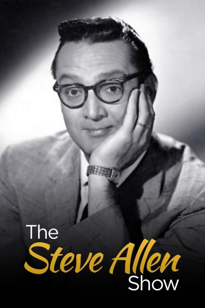 Schwarzweißporträt von Steve Allen vor dem Schriftzug „The Steve Allen Show“.
