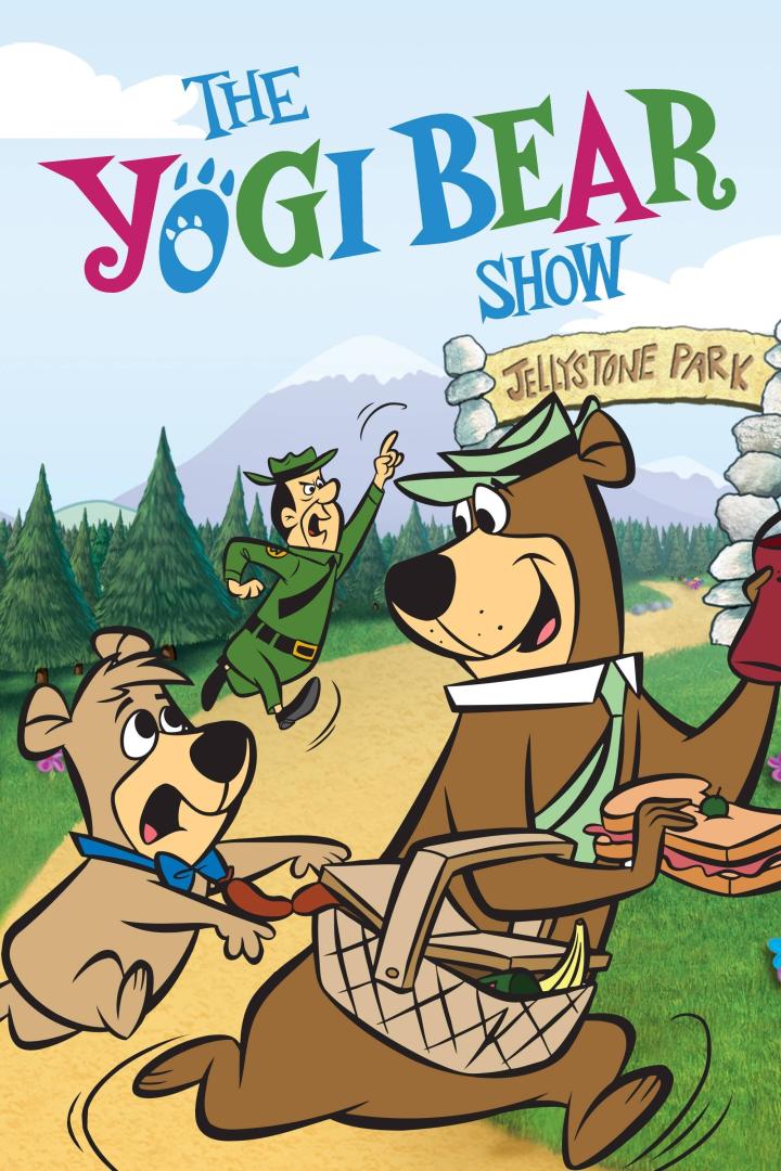 Yogi Bär und Boo Boo stehlen einen Picknickkorb, während ein Park Ranger sie verfolgt.