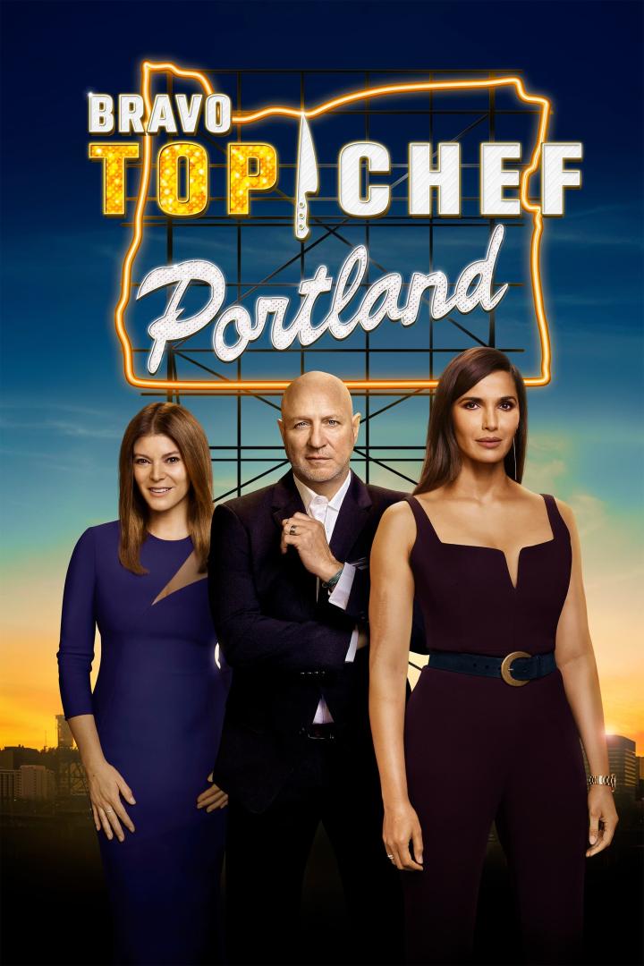 Das Werbeplakat für „Top Chef: Portland“ mit Padma Lakshmi, Tom Colicchio und Gail Simmons.