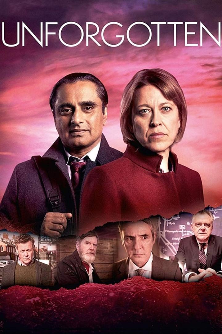 Das Filmplakat für „Unforgotten“ zeigt zwei Ermittler und vier Verdächtige.