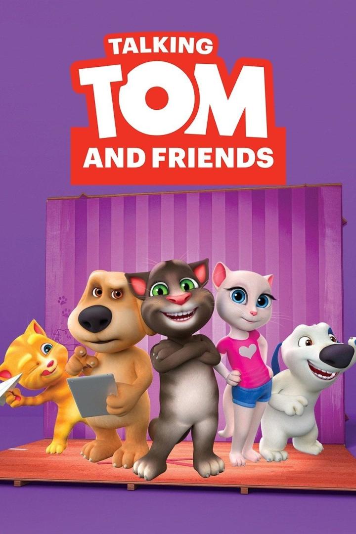 Die animierten Charaktere aus „Talking Tom and Friends“ stehen zusammen vor einem lila Hintergrund.
