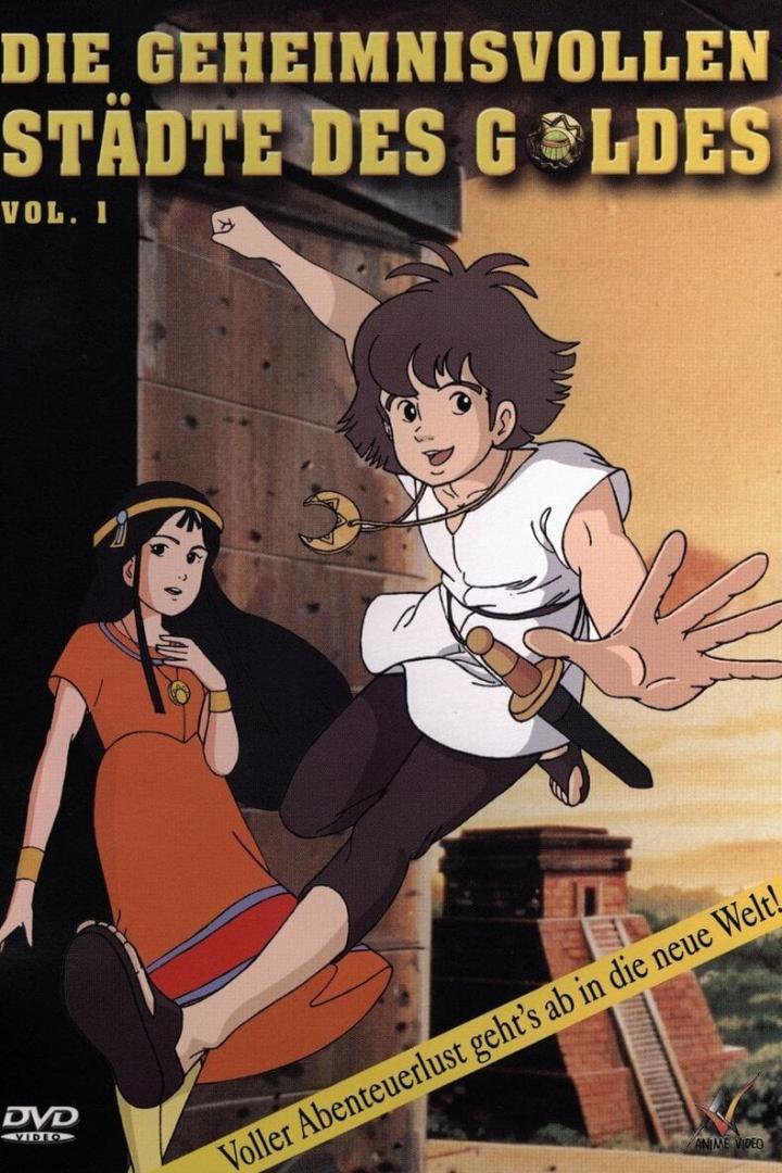 Das Cover von „Die geheimnisvollen Städte des Goldes, Vol. 1“ zeigt zwei Zeichentrickfiguren vor einer Pyramide.