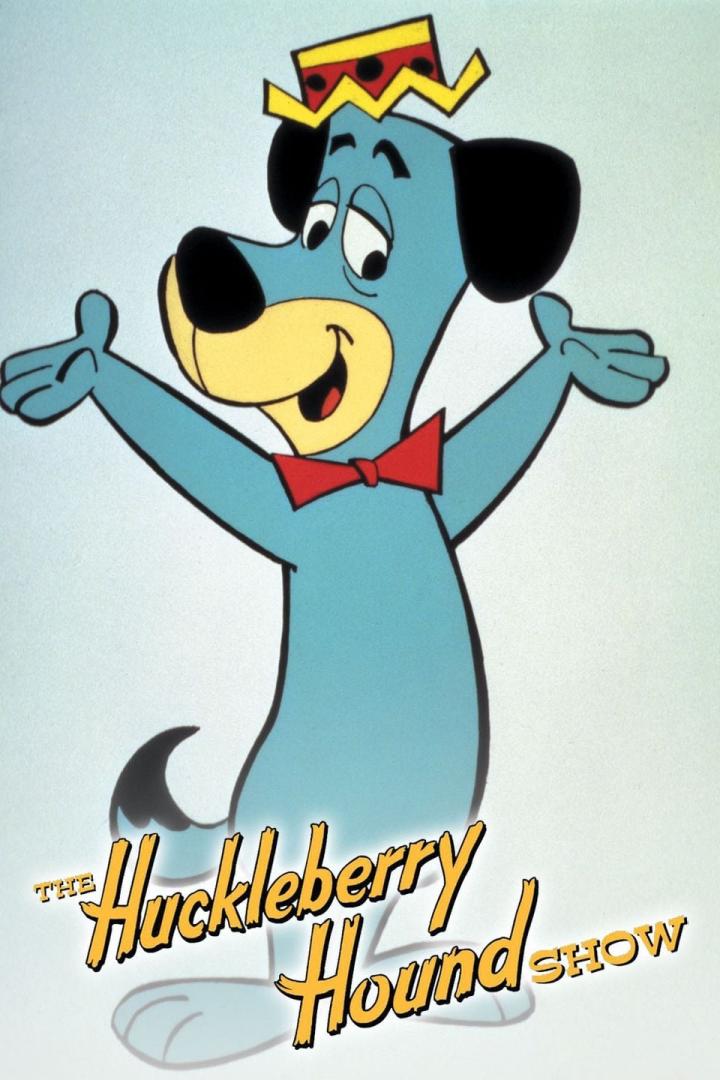 Huckleberry Hound, eine blaue Zeichentrickfigur, posiert mit Fliege und Hut.