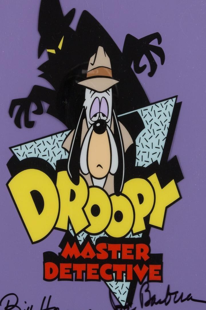 Logo für „Droopy: Meisterdetektiv“ mit Droopy, einem Detektivschatten und den Unterschriften von Bill Hanna und Joe Barbera.