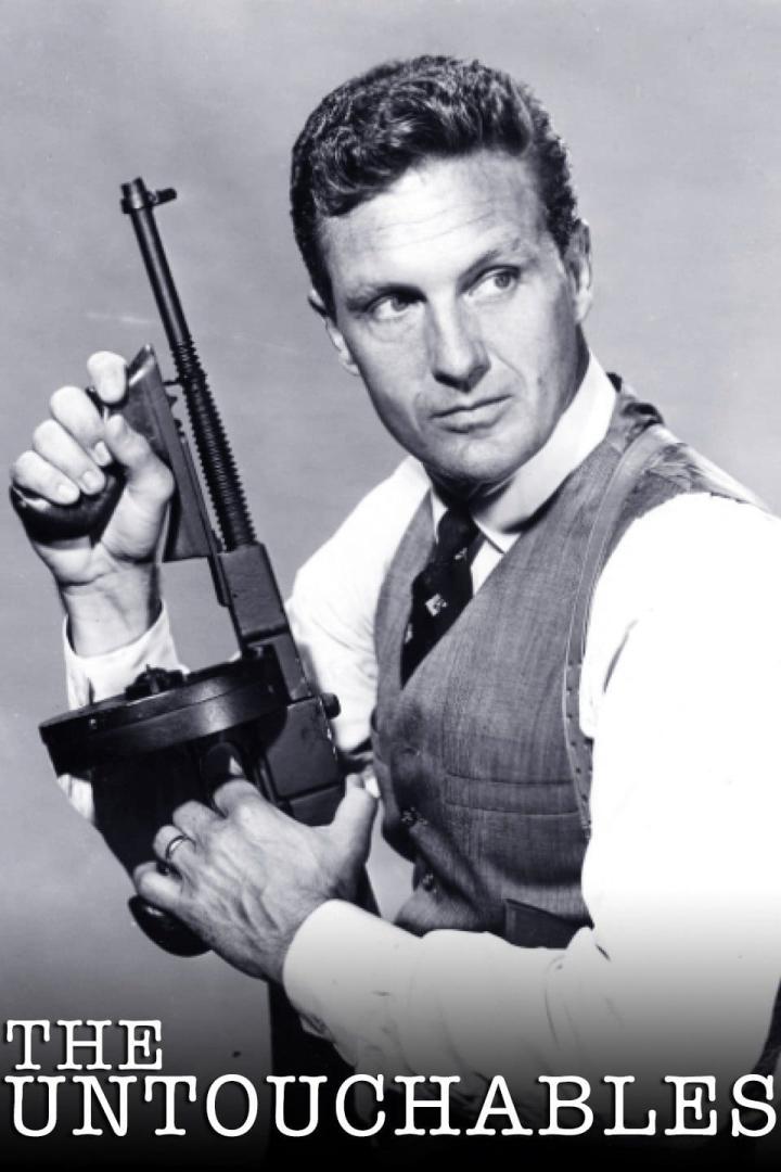 Ein Mann im Anzug hält eine Thompson-Maschinenpistole, im Stil der Fernsehserie „Die Unbestechlichen“.