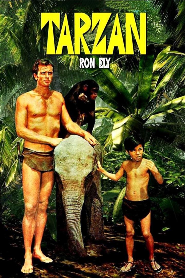 Das Filmplakat für „Tarzan“ mit Ron Ely, einem Schimpansen, einem Elefanten und einem Kind im Dschungel.