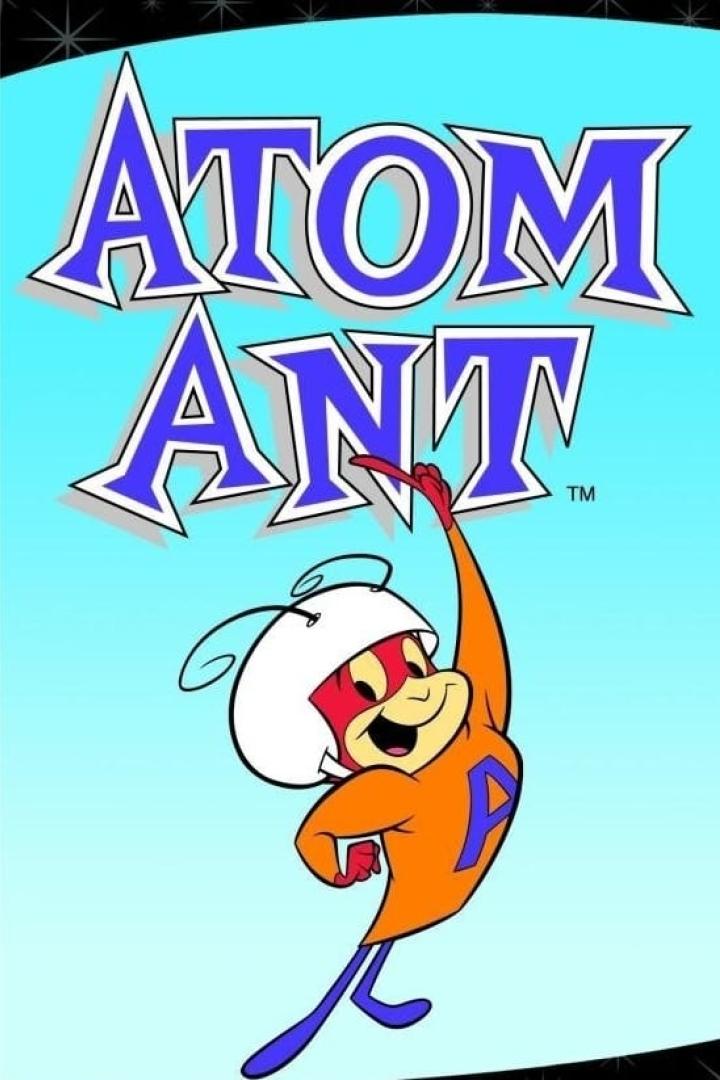 Das Logo und eine Comic-Darstellung von Atom Ant, einer animierten Ameise mit Superkräften.