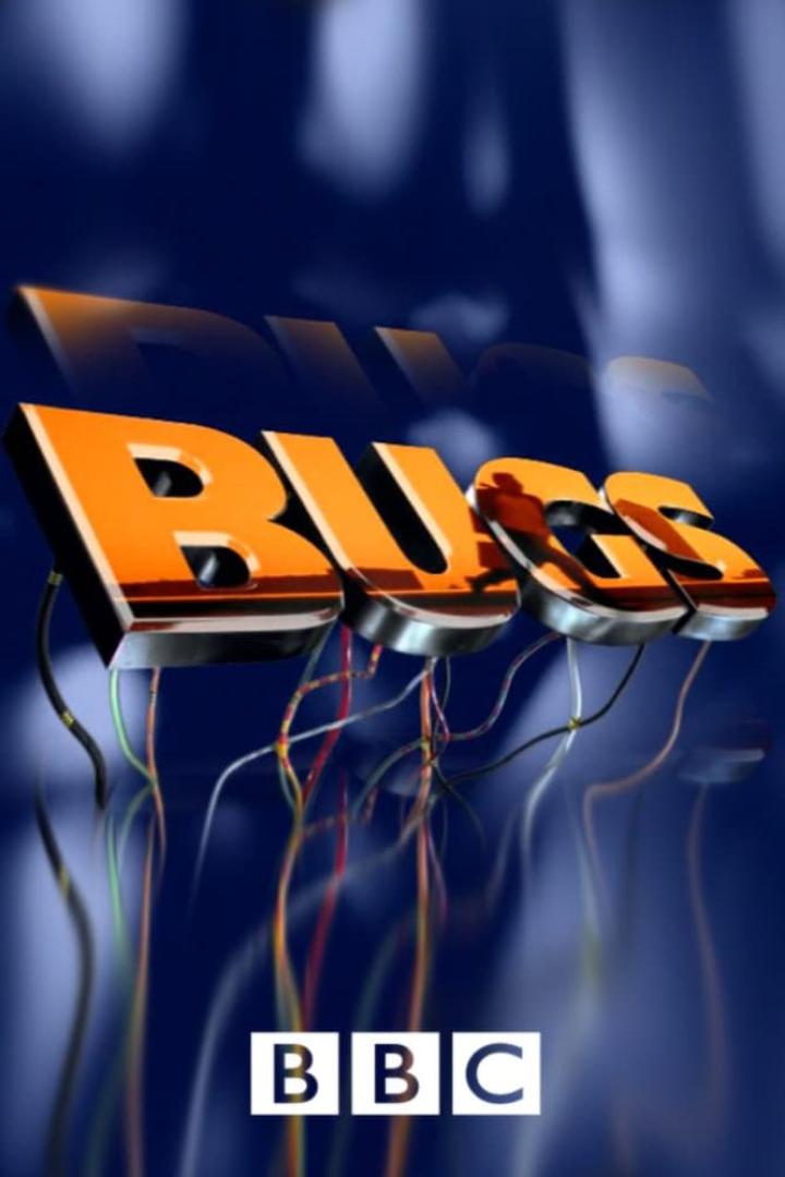 Das stilisierte Logo der BBC-Serie „Bugs“ vor einem blauen Hintergrund.