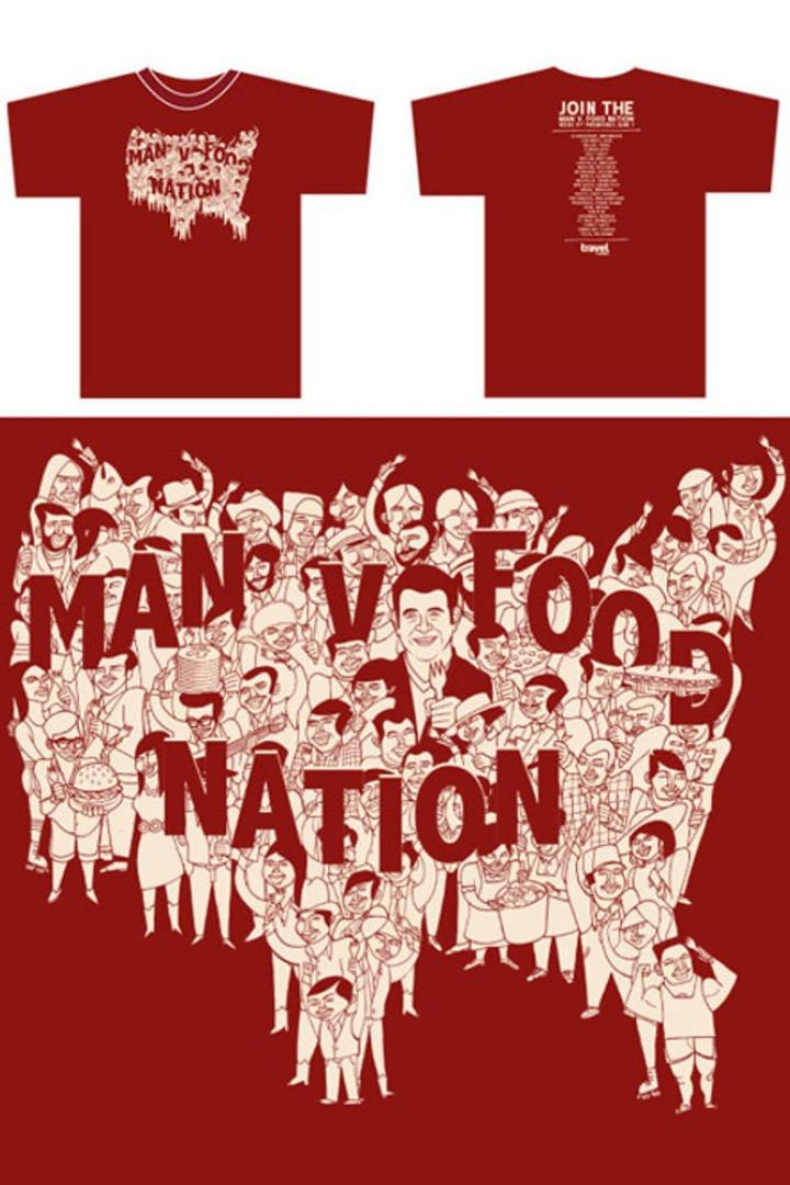Illustration eines „Man v Food Nation“-T-Shirts mit einer Menschenmenge in Form der USA.