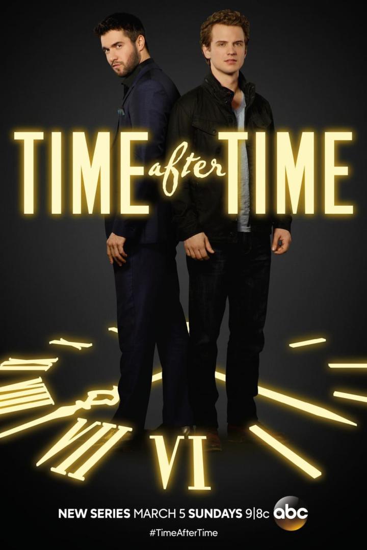 Werbeplakat für die Fernsehserie „Time After Time“ mit zwei Schauspielern vor einem Uhrwerk.