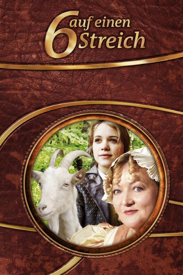 Das Filmplakat zu „6 auf einen Streich“ zeigt zwei Frauen und eine Ziege.