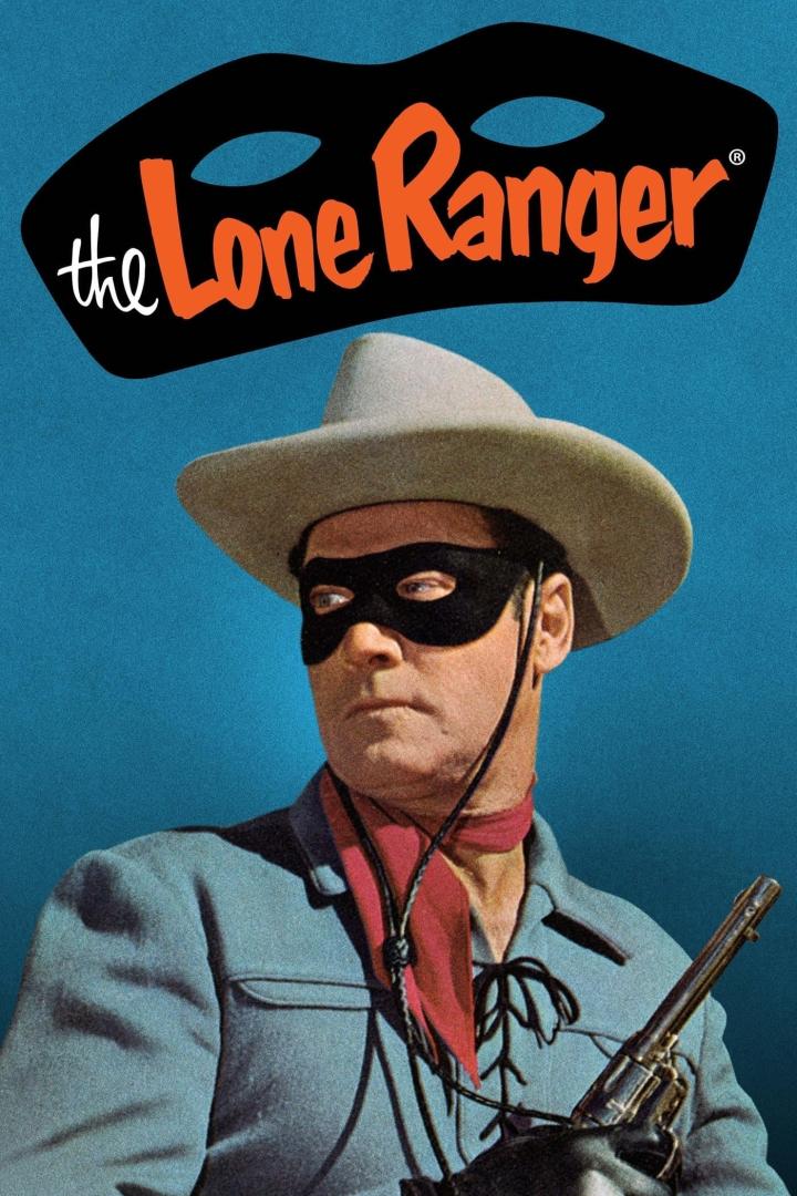 Ein Mann mit Maske, Cowboyhut und Revolver, im Hintergrund das Logo von „The Lone Ranger“.
