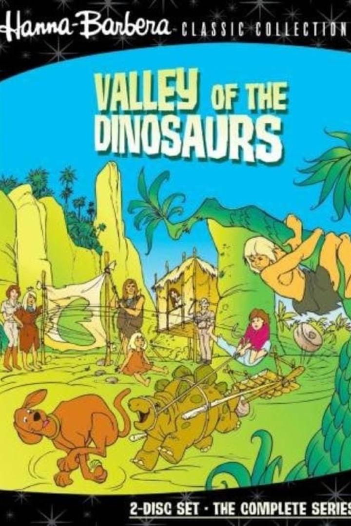 Das Cover der Hanna-Barbera-DVD „Tal der Dinosaurier“ mit einer Familie und ihrem Dinosaurier-Freund in einer prähistorischen Landschaft.