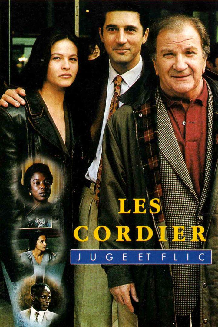 Das Filmplakat zu „Les Cordier, juge et flic“ zeigt drei Personen und Porträts.