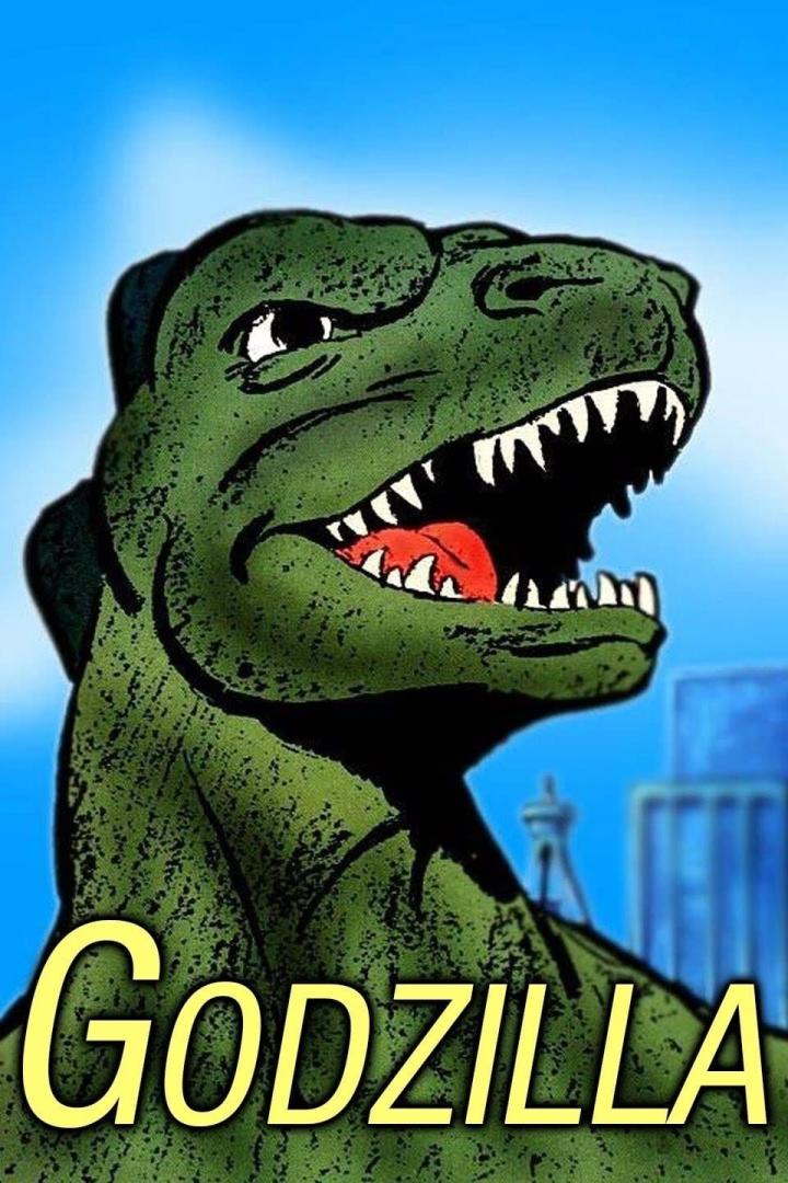 Eine stilisierte Darstellung von Godzilla vor dem Hintergrund einer Stadt.