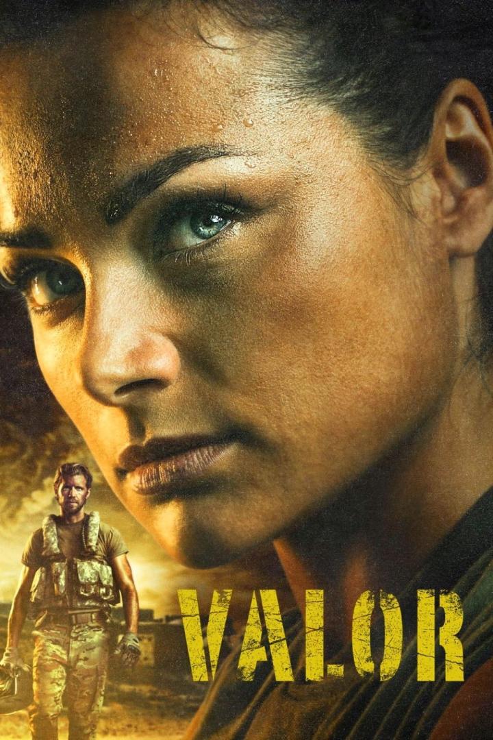 Nahaufnahme des Posters für die Fernsehserie „Valor“ mit einer Frau und einem Mann in Uniform.