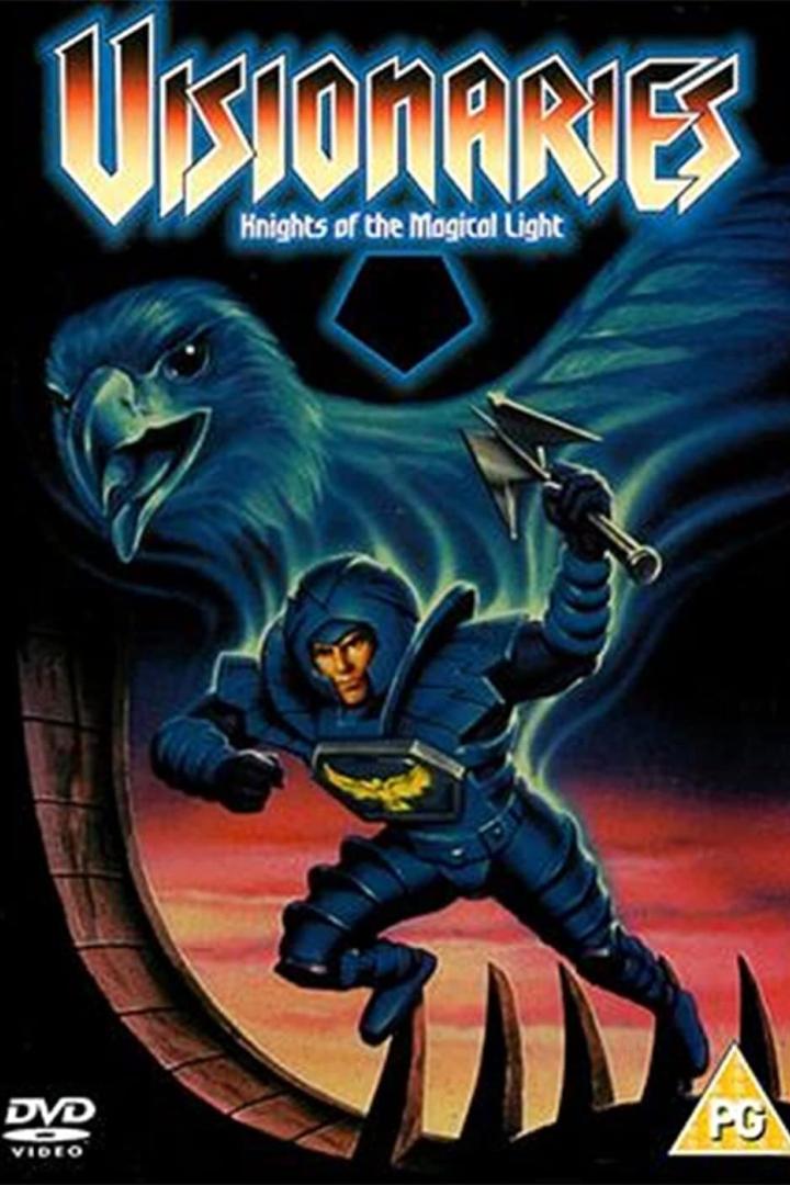 Ein Ritter mit einer Axt vor einem Adler auf dem Cover von „Visionaries: Knights of the Magical Light“.