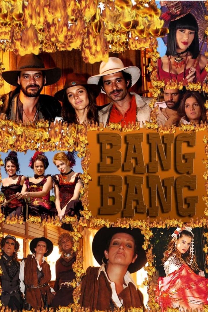 Collage mit Darstellern der brasilianischen Telenovela „Bang Bang“ vor einem Hintergrund aus Flammen.