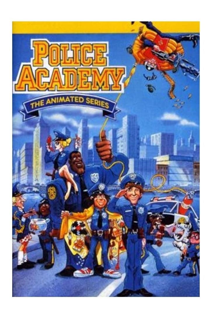 Das Cover der Zeichentrickserie „Police Academy“ zeigt eine Gruppe Polizisten vor einer Stadtkulisse.