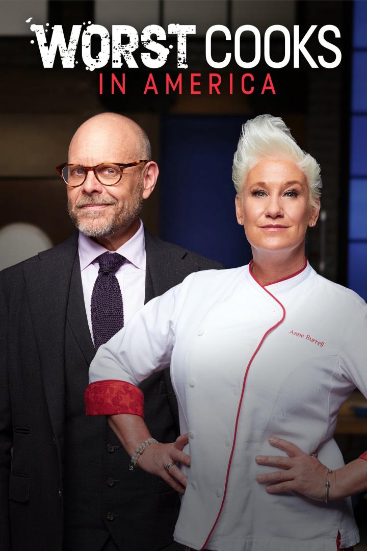 Das Poster für „Worst Cooks in America“ zeigt Anne Burrell und einen Mann im Anzug.