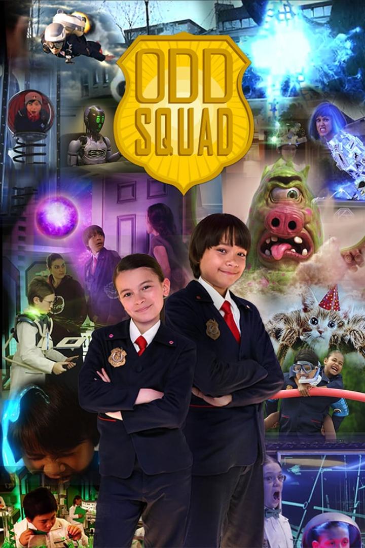 Ein Werbeplakat für die Kinderserie „Odd Squad“ mit verschiedenen Figuren und Szenen.