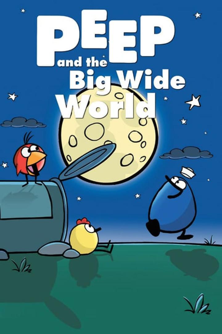 Illustration von Peep und seinen Freunden vor dem Hintergrund des „Peep and the Big Wide World“-Logos.