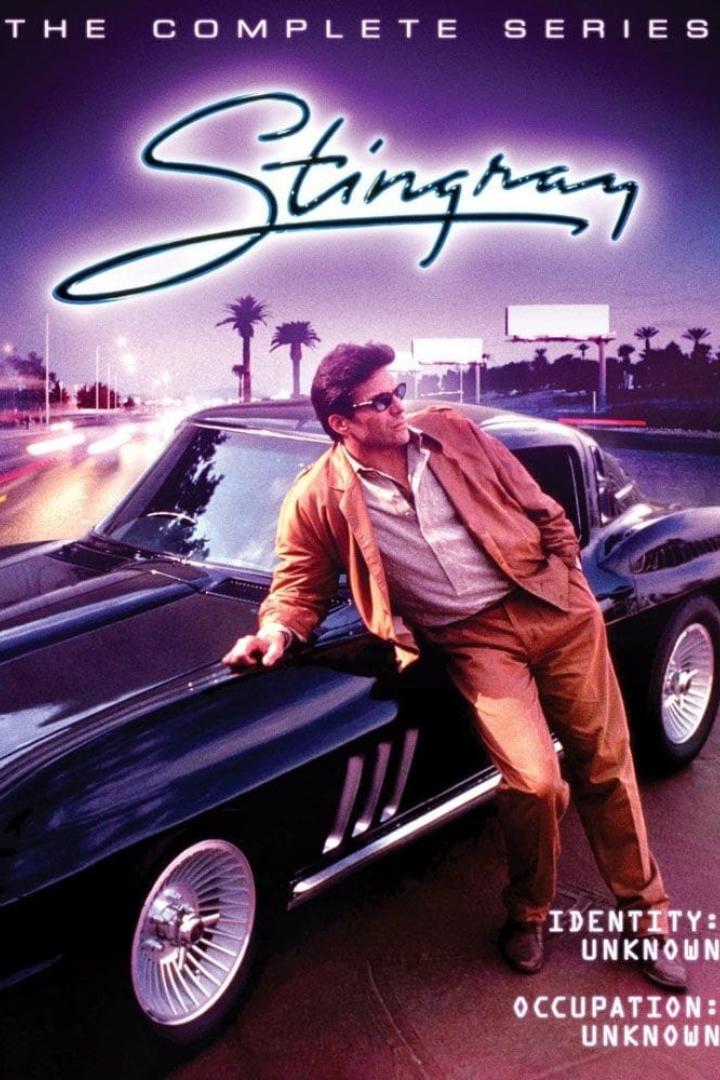 Ein Mann lehnt an einem schwarzen Corvette Stingray vor einer nächtlichen Stadtkulisse.