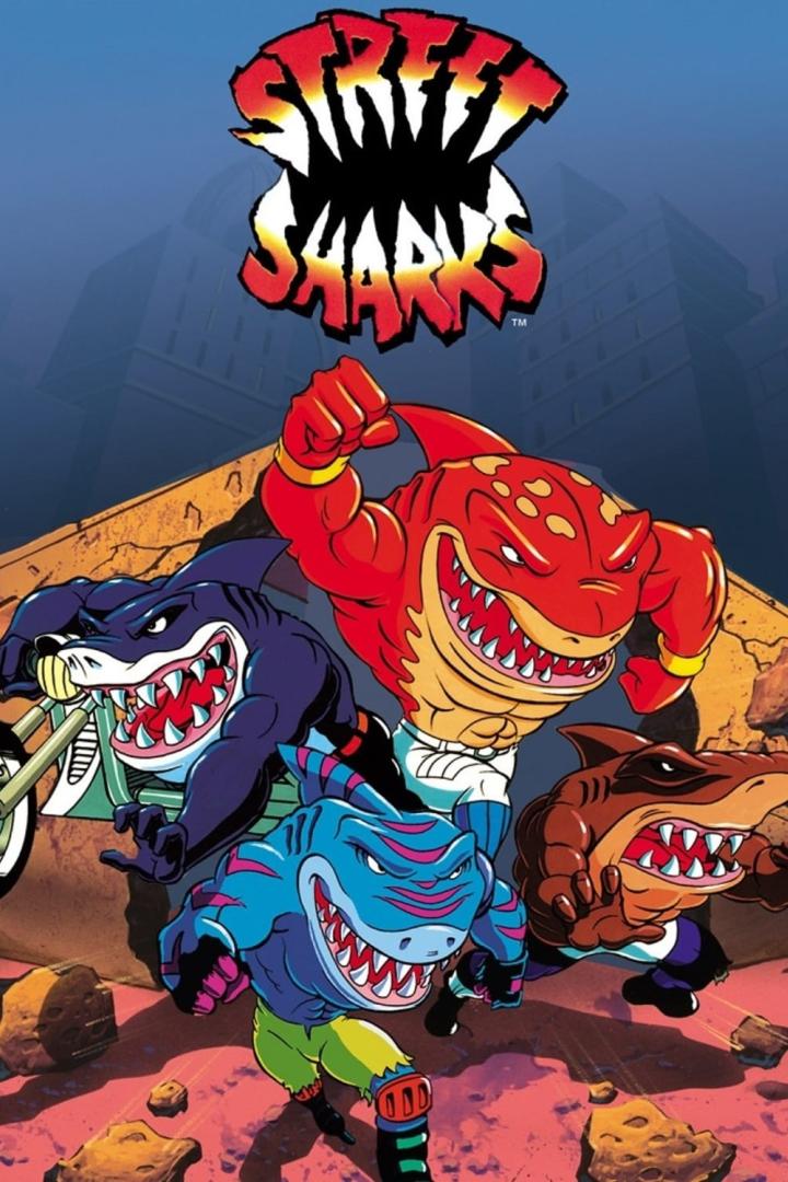 Das Poster der Zeichentrickserie „Street Sharks“ zeigt vier anthropomorphe Haie vor einer Stadtkulisse.