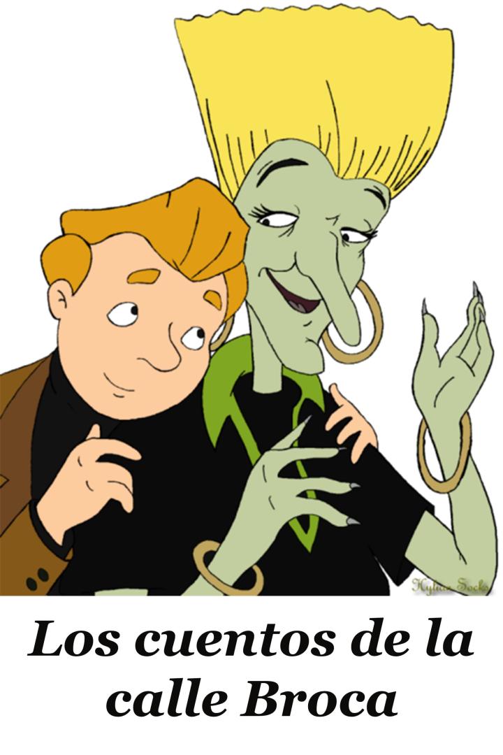 Ein Mann und eine grüne Hexe mit gelbem Haar, möglicherweise aus „Die Märchen der Rue Broca“.