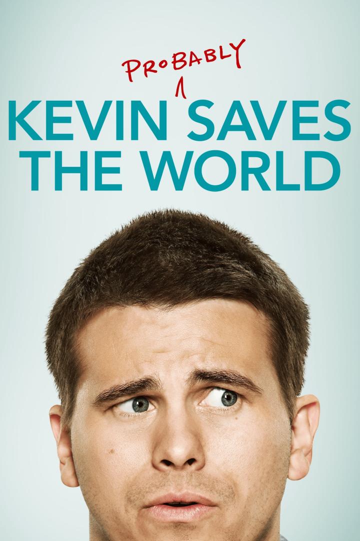 Das Filmplakat zu „Probably Kevin Saves the World“ zeigt das Gesicht eines Mannes, der nach oben links schaut.