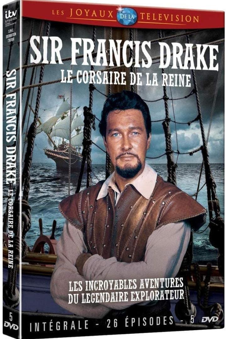Das DVD-Cover von „Sir Francis Drake: Der Freibeuter der Königin“ zeigt den Hauptdarsteller vor einem Segelschiff.