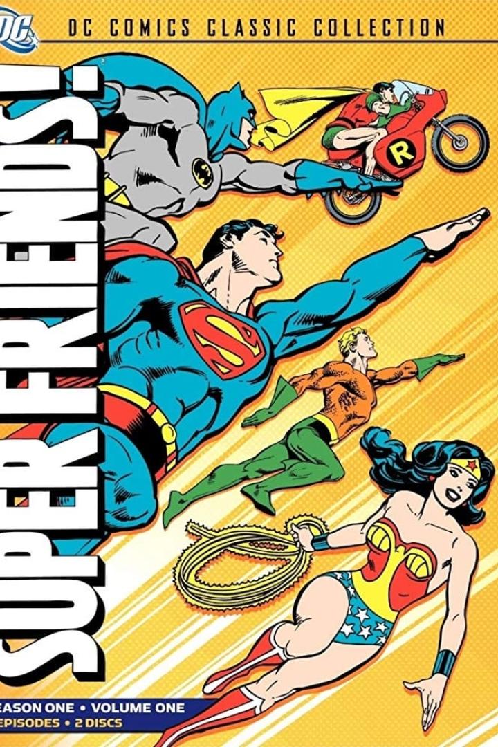 Das Cover der ersten Staffel von „Super Friends“ mit Batman, Robin, Superman, Aquaman und Wonder Woman.