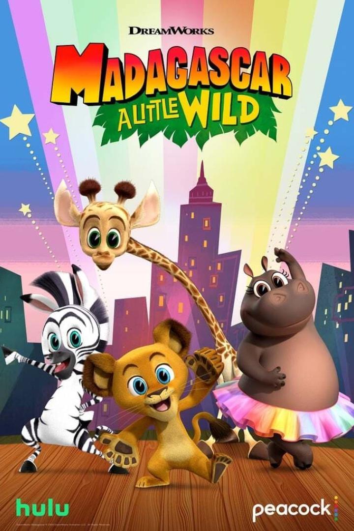 Das animierte Filmplakat zu „Madagascar: A Little Wild“ zeigt die vier Hauptfiguren vor einer bunten Stadtkulisse.