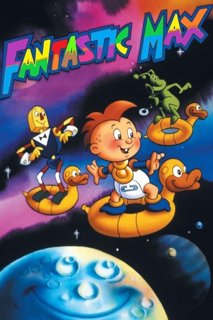 Das Cover der Zeichentrickserie „Fantastic Max“ zeigt Max und seine Freunde auf Enten-Schwimmringen im Weltraum.